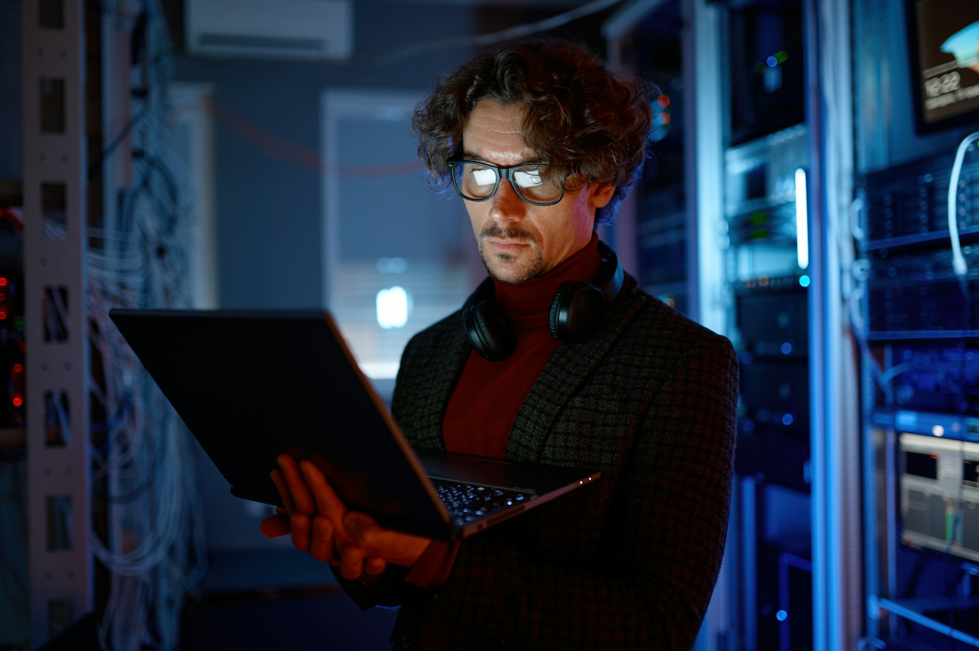 IT technician checking the servers vitals using laptop computer